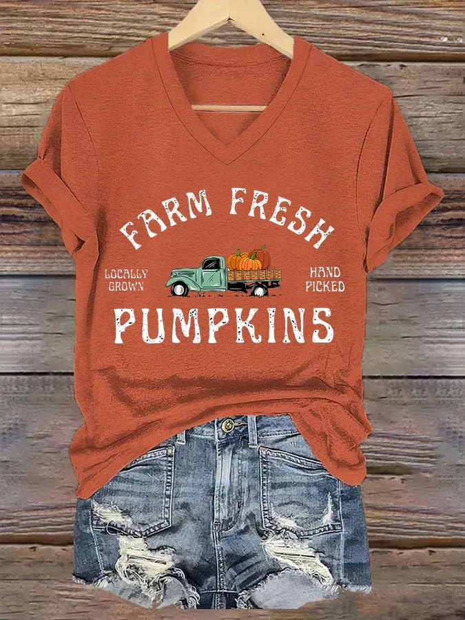 Women's Farm Fresh Pumpkins Fall Y'all Casual V-Neck Tee 