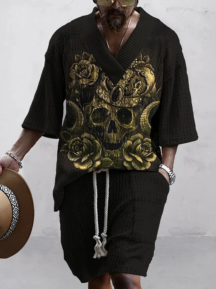 Men's Knit Vintage Halloween Skull Art Printing Shorts Suit