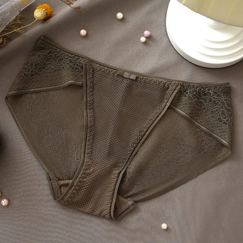 Billionm Women's Sexy Lace Panties Ladies Plus Size Mid-waist Ice Silk Cotton Panties Girly Seamless Transparent Panties Briefs