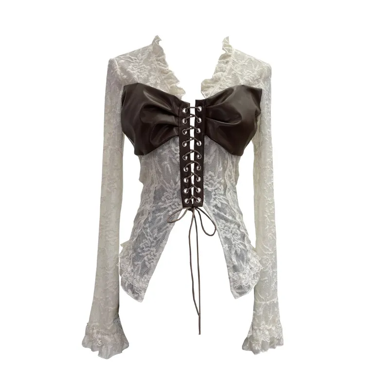 Uveng Real Shooting V Tie With Retro 2024 New Hottie Sexy Lace Splicing Pu Skin Hollow Shirt Top 6108