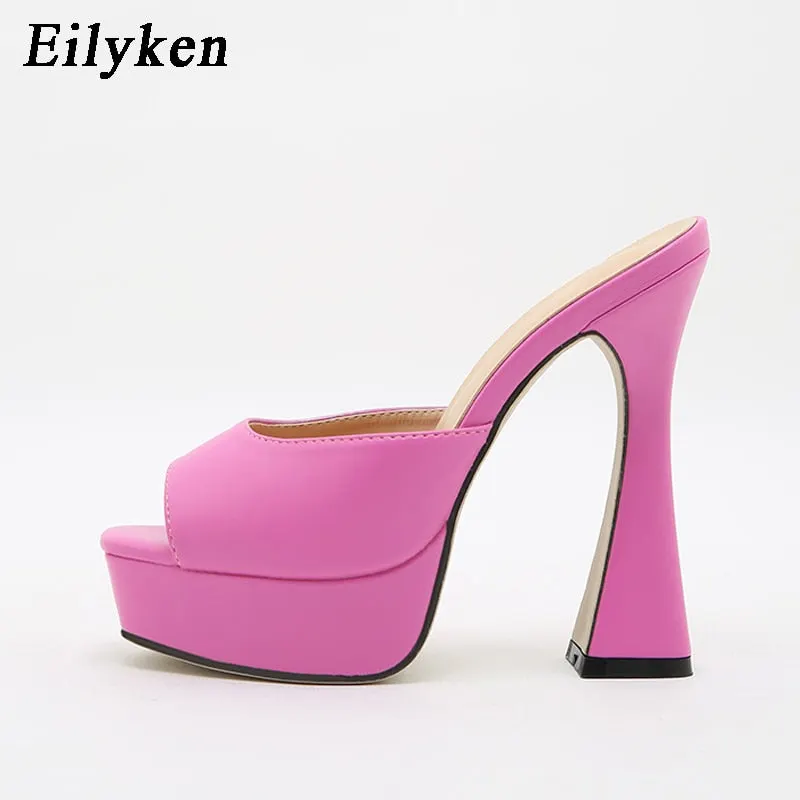 Eilyken 2022 New Women Slippers Slides Summer Outdoor Slippers Fashion Peep Toe Square Heels 13cm Gladiator Sandals Shoes