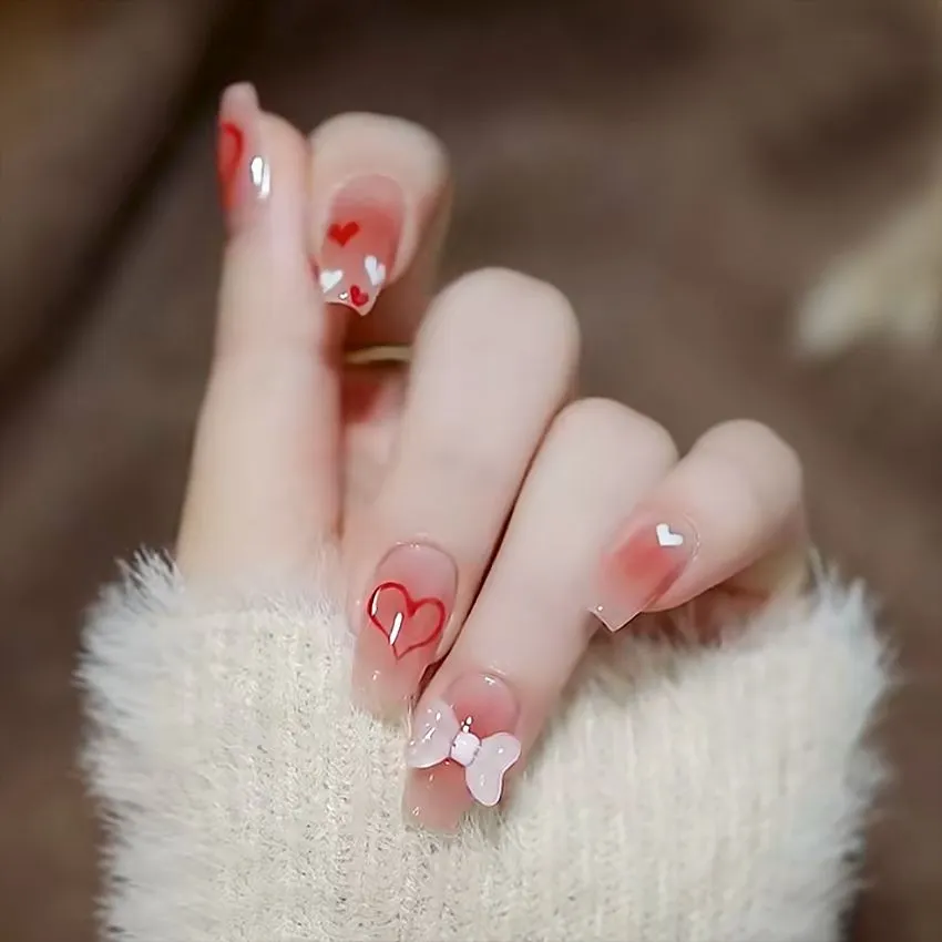 24Pcs Coffee Color With Grids Heart Designs False Nail Full Cover Fake Nails with Glue Detachable Wearable Manicure Nail Tips-Nail Inspo