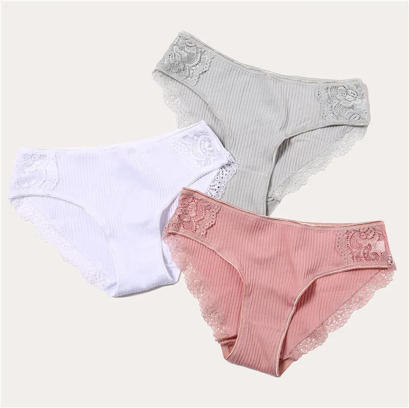 3PCS/Set 6 Color Women Panties Cotton Lace Briefs Solid Color for Female Striped Sexy Cotton Underwear Lingerie Low Waist Flower