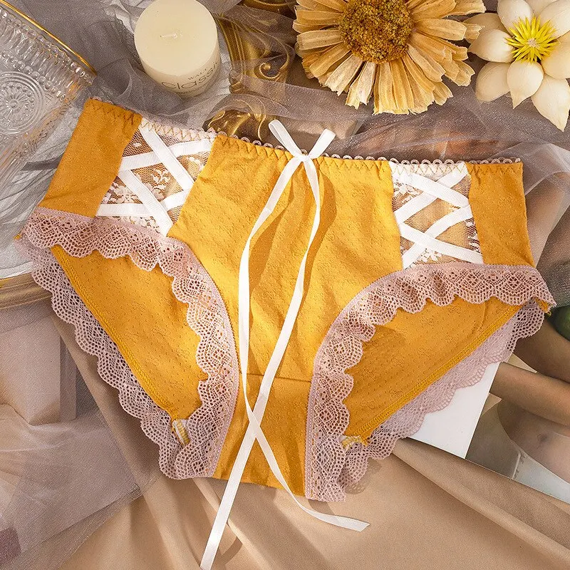 Billionm Girl Briefs Summer Thin Bow Tie Sling Hollow Lace Cotton Crotch Student Cute Candy Color Fashion and Comfortable WOMEN Loli