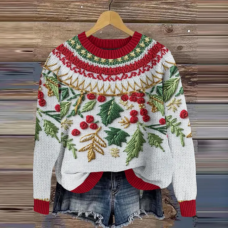 Christmas Tree Embroidered Contrast Sweater
