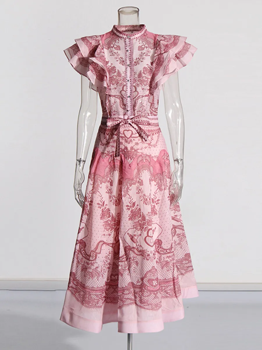 Brownm Fashion Printed Dress Women's Spring 2025 New Korean Casual High-Sleeve High-Rise Half-Senior Dress