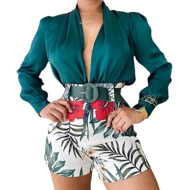 V-neck Solid Color Long Sleeve Shirt Top Print Shorts casual two piece set