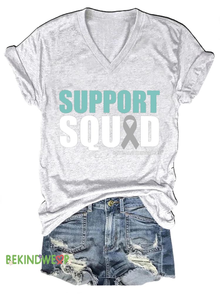 Support Squad Asthma & Allergy Awareness Print Casual V-Neck Short Sleeve T-Shirt White / S