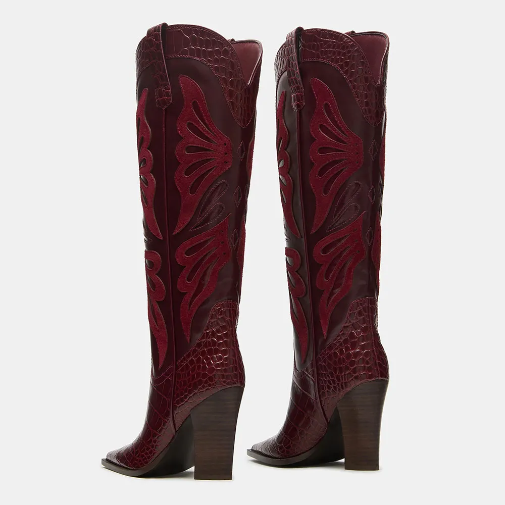 Butterfly Inlay Maroon Embossed Mid Calf Cowgirl Boots for Women