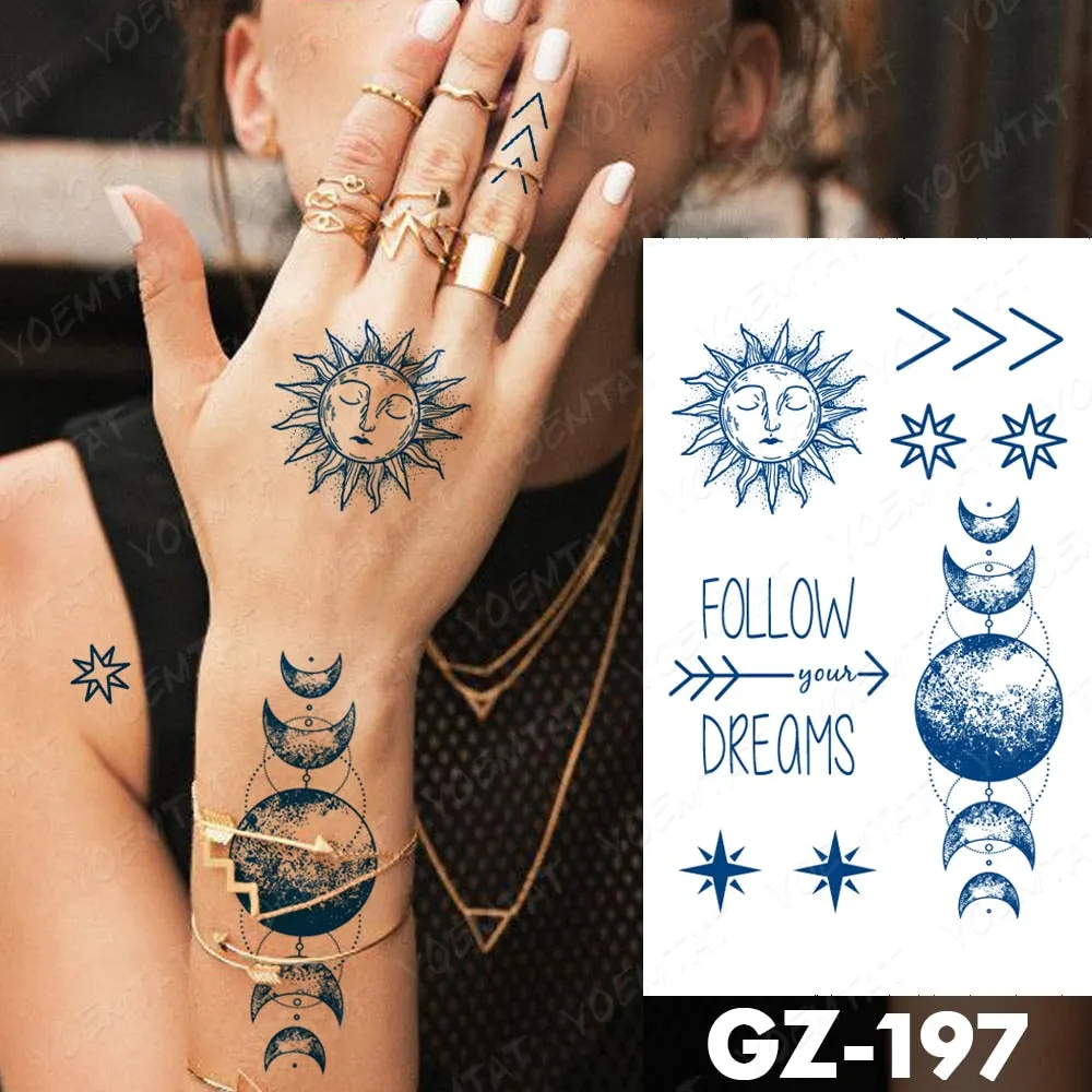Juice Lasting Waterproof Temporary Tattoo Sticker Rose Butterfly Moon Sun Diamond Heartbeat Wave Flash Fake Tattoos Ink Body Art