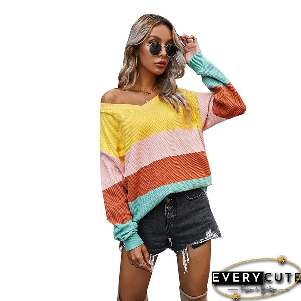 Yellow Colorblock V Neck Pullover Sweater