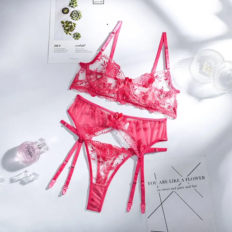 MIRABELLE Erotic Lingerie Woman 3-Piece Transparent Set Fancy Embroidery Underwear Brief Set Sexy Lace Bra And Thong Garters Set