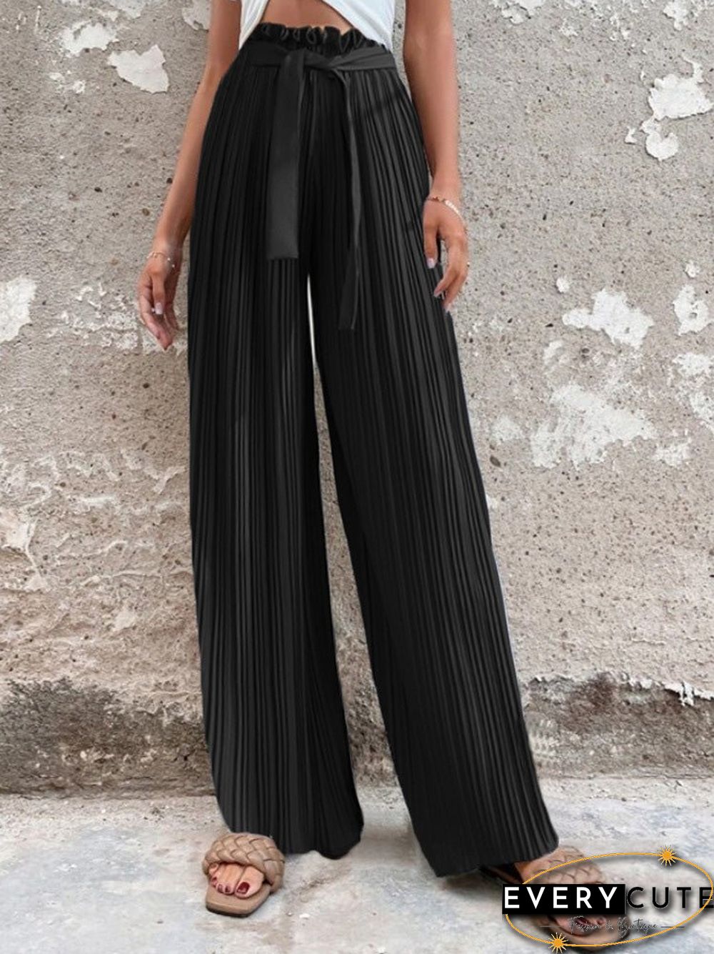 Women'S Pants Pleated Tie High Waist Straight Wide Leg Pants