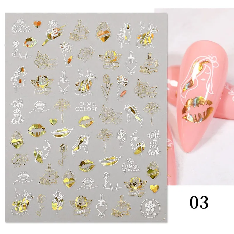1 Pc 3D Nail Stickers Leaves Sliders for Nails Gold White Bronzing Flowers Gradient Adhesive Sticker Nail Design Art Decorations-Nail Inspo