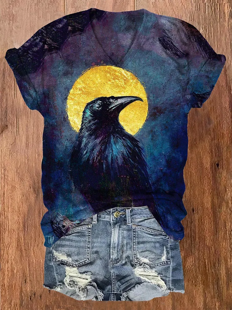 Women's Halloween Raven Print Casual T-Shirt