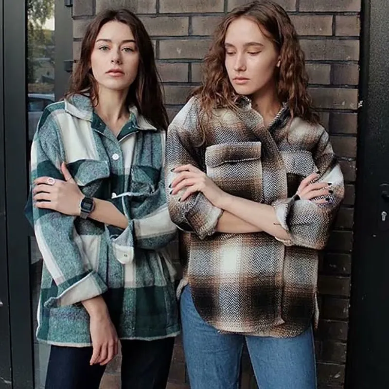 Winter Green Plaid Jacket Coat Women Streetwear Long Leeve Thick Wool Coat Fashion Pocket Oversized Lapel Autumn Shirts Coats