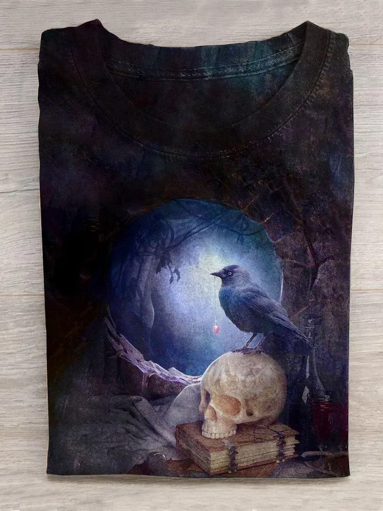 Unisex Halloween Raven Print Casual T-Shirt