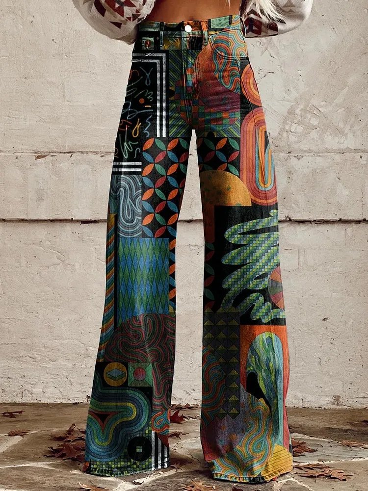 Women's Colorful Geometric Abstraction Print Casual Wide Leg Pants