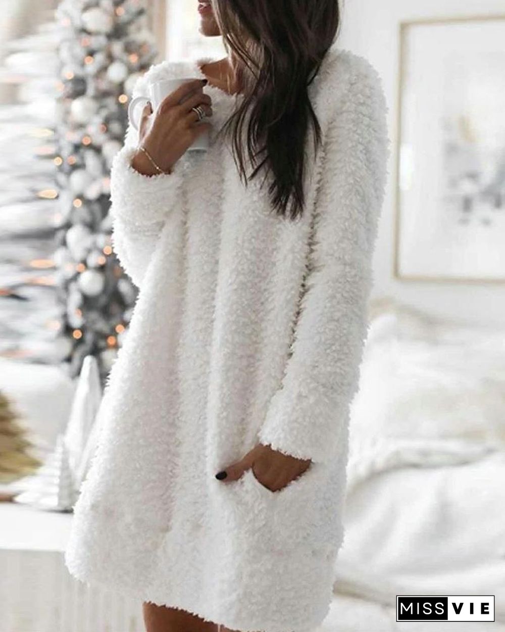 Pocket Design Plain Fluffy Dress P14086