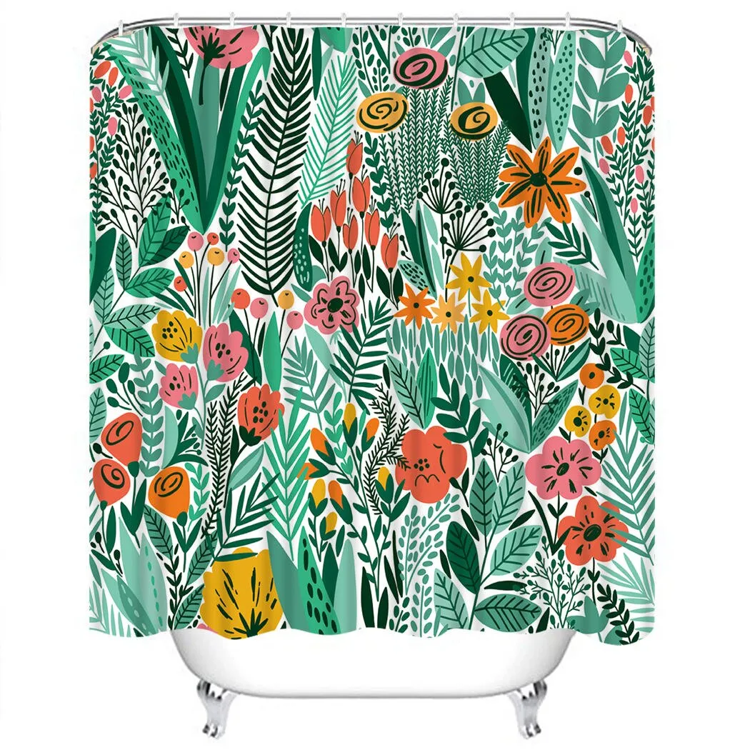 Abstract Floral Shower Curtain Bathroom Tropical Green Leaves Bath Shower Curtain With Hooks Waterproof Bathroom Shower Curtain