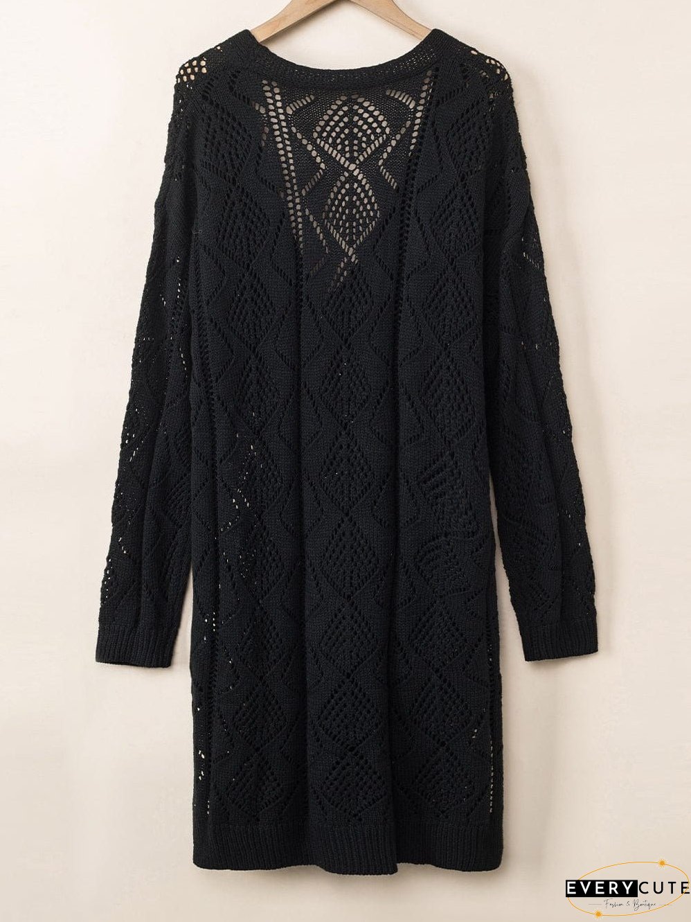 Elegant Black Crochet Knit Openwork Cardigan
