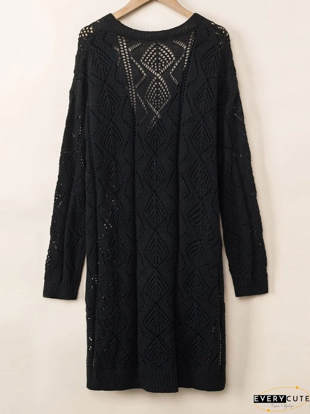 Elegant Black Crochet Knit Openwork Cardigan