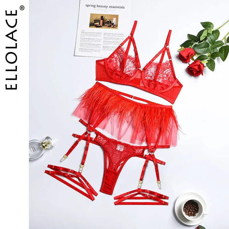 Ellolace Fancy Feather Lingerie 3-Pieces Sensual Underwear Lace Underwire Bra Ruffled Garters Transparent Beautiful Bilizna Set
