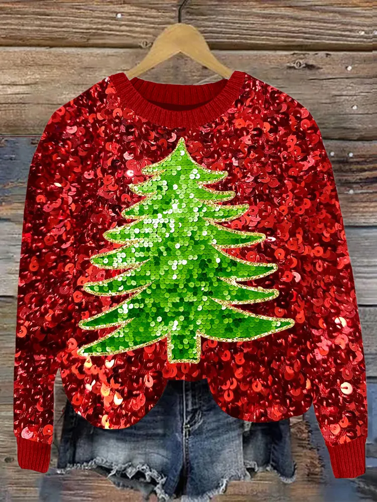 Glitter Christmas Tree Sequin Embroidered Cozy Sweater