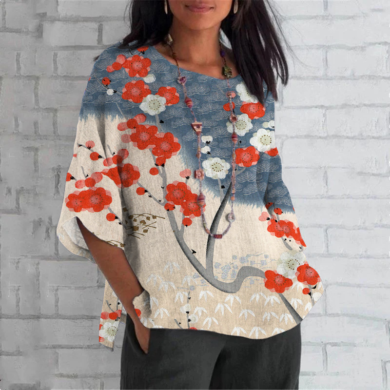 Japanese Art Cherry Blossom Print Crew Neck Casual T-Shirt artswardrobe