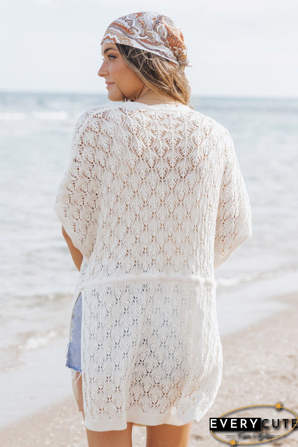 White Crochet Open Front Kimono with Slits