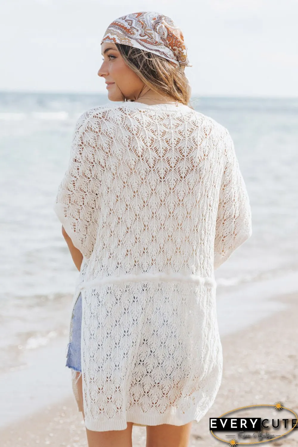 White Crochet Open Front Kimono with Slits