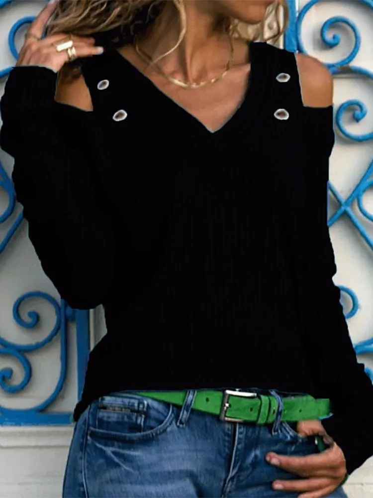 V-Neck Strapless Long-Sleeved T-Shirt Sweater