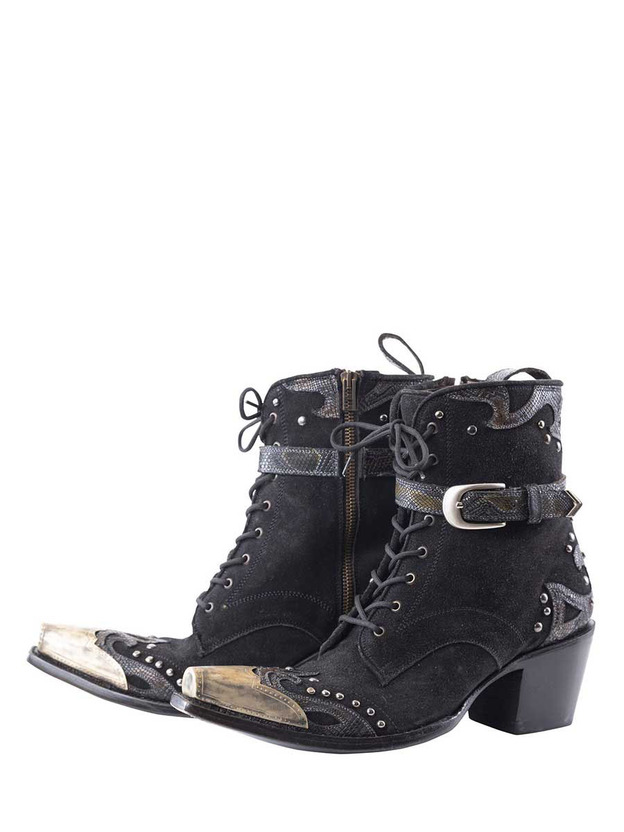 Black Snake Embossed Mental Snip Toe Lace-Up Buckled Heeled Booties