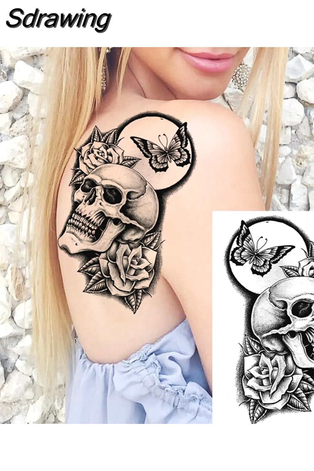 Sdrawing Peony Flower Temporary Tattoos For Women Adults Realistic Compass Moon Pendant Fake Tattoo Sticker Arm Body Tatoos 507-1