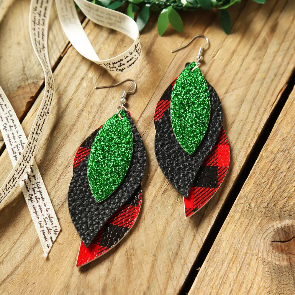 Plaid Sequined Leaf Multi-Layered Leather Earrings