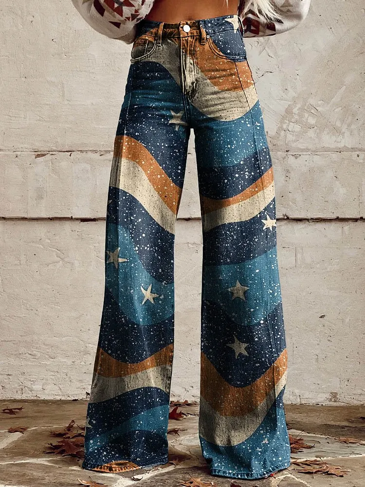 Women's Blue Wavy Stars Print Casual Wide Leg Pants