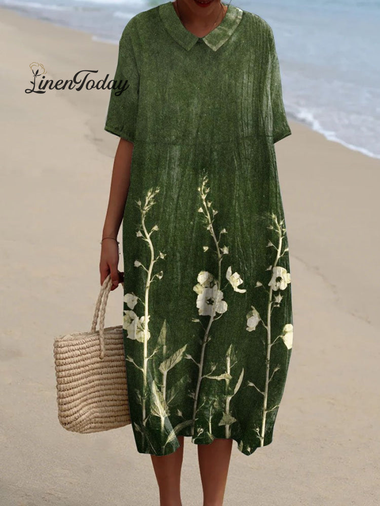 Women&rsquo;s Vintage Floral Art Print Pocket Linen Dress（Convertible Dress With Front And Back