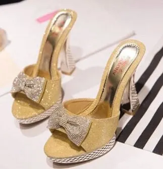 Women Platform High Heels Slippers Bowknot Design Glitter Bling Wedges Sandals Sexy Peep Toe Women Nightclub Party Wedding Shoes