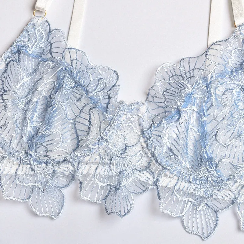 Ellolace Lace Sexy Underwear Erotic Lingerie Embroidery Transparent Bra and G-Strings Thongs Garters Brief Sets Lingerie Set