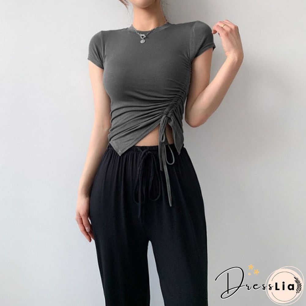 Casual Solid O-Neck Long Sleeve Crop Top Women Side Drawstring Ruched White T-Shirt Female Tee Shirt Top For Women Clothing