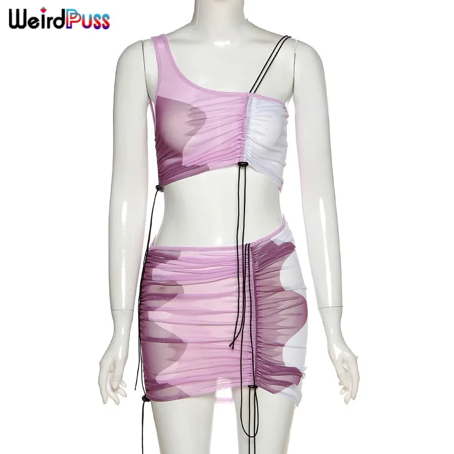 Weird Puss Sexy Mesh Two Piece Set Women Sleeveless Lace Up Tank Top+Min Skirt Matching Fashion Party Clubwear Streetwear Outfit