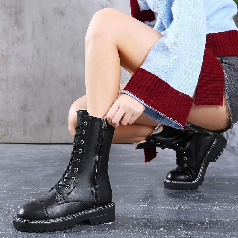 Qengg 2020 NEW Fashion Women's Short Boots GIRLS Snow Boots PU Leather Side Zip Non-slip Warm Shoes Plush Inner Lace-upBlack
