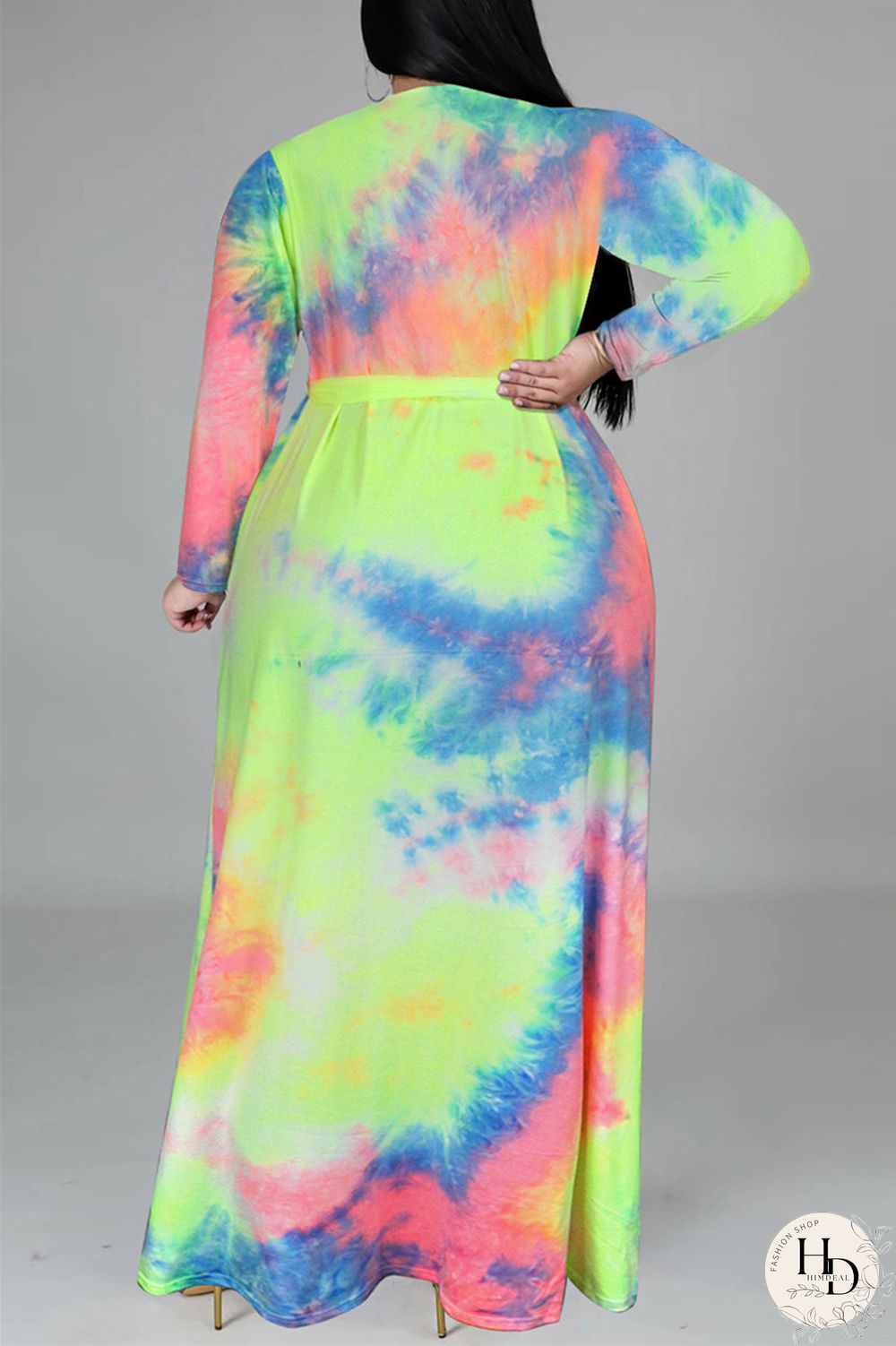 Colour Fashion Casual Print Tie-dye V Neck Long Sleeve Plus Size Dress