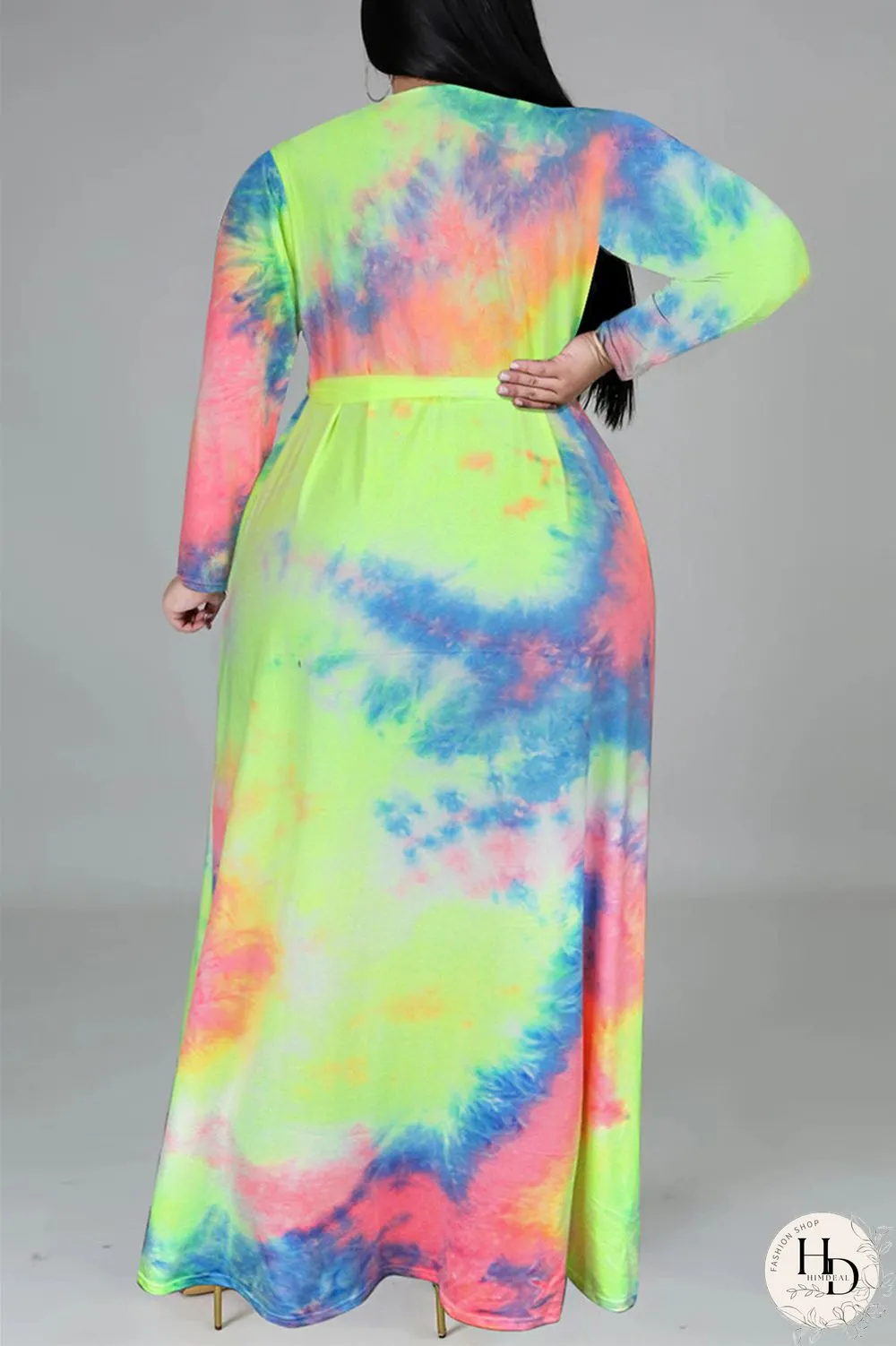 Colour Fashion Casual Print Tie-dye V Neck Long Sleeve Plus Size Dress