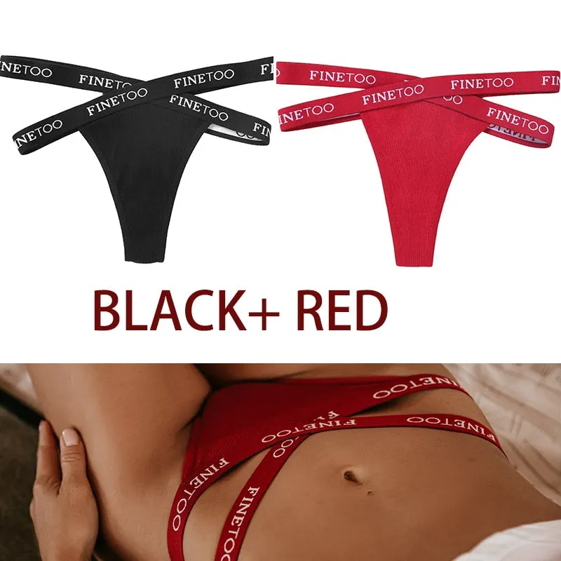 FINETOO 2PCS/Set Women's Cotton G-string Sexy Cross Strap Panties Letter Waisted Underwear Thongs Femme Hollow Out Lady Briefs