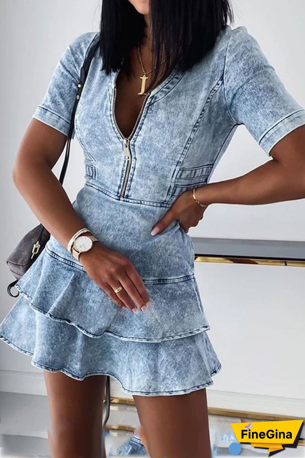 Denim V-Neck Short Sleeve Tired Dress