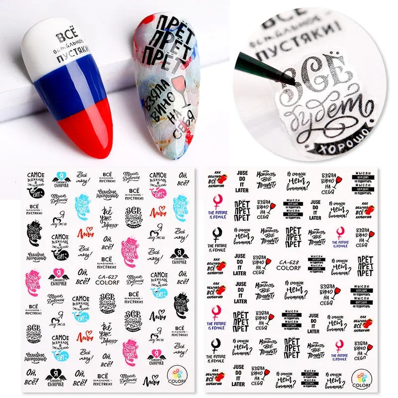 1 Sheet Russian Series Letter 3D Nail Sticker Flower Leaves Nail Transfer Beautiful Decals Slider Nail Art DIY Decoration