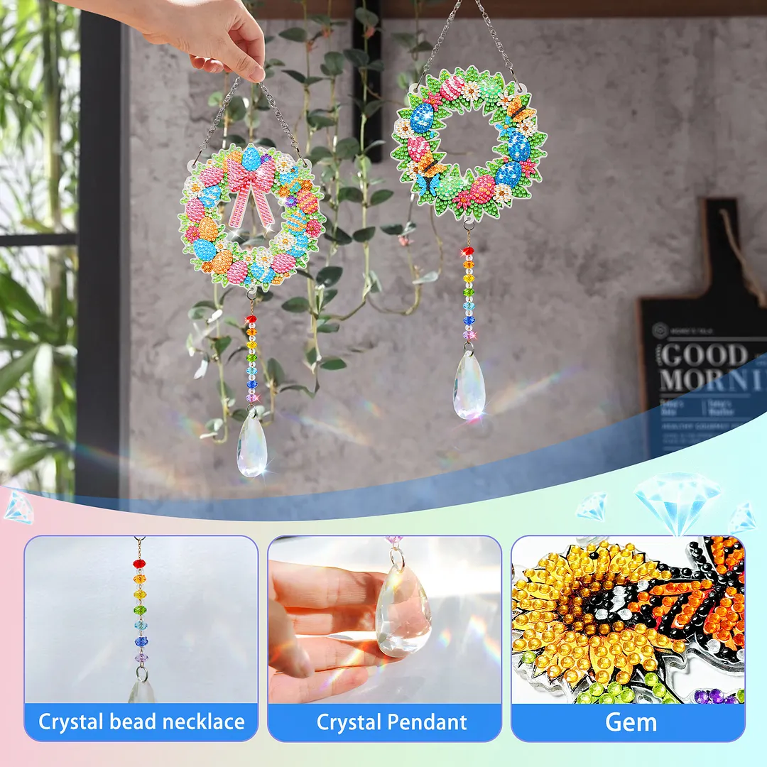 2Pcs Wreath DIY Acrylic Diamond Painting Art Wind Chimes with Crystal Pendant Diamond Art Hanging Pendant Double-Sided for Adults Beginners Gift Home Garden Decor