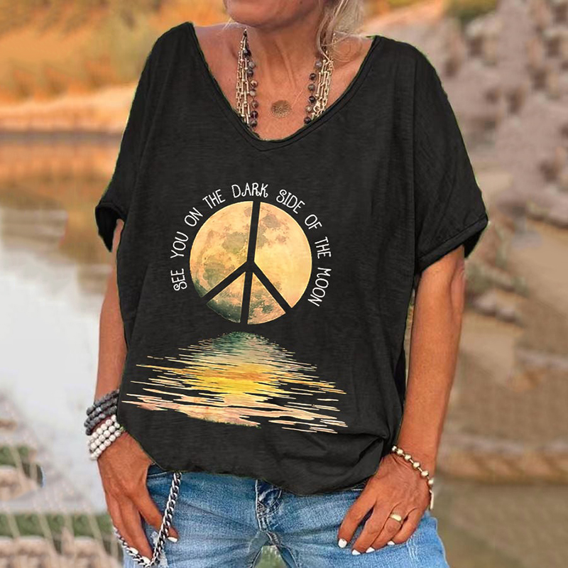 Hippie Vibe See You On The Dark Side Of The Moon Print V-Neck T-Shirt artswardrobe