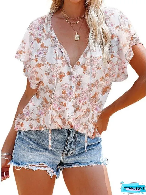 V-neck Half-placket Short-sleeved Loose Casual Shirt